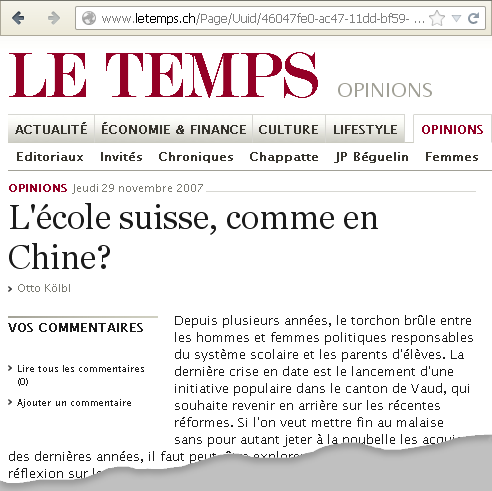 Otto Kölbl Le Temps L'école en Suisse, commen Chine?