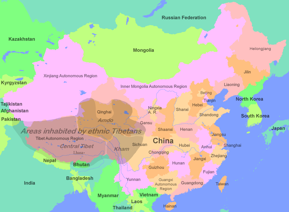 Map of the Tibetan areas in Asia
